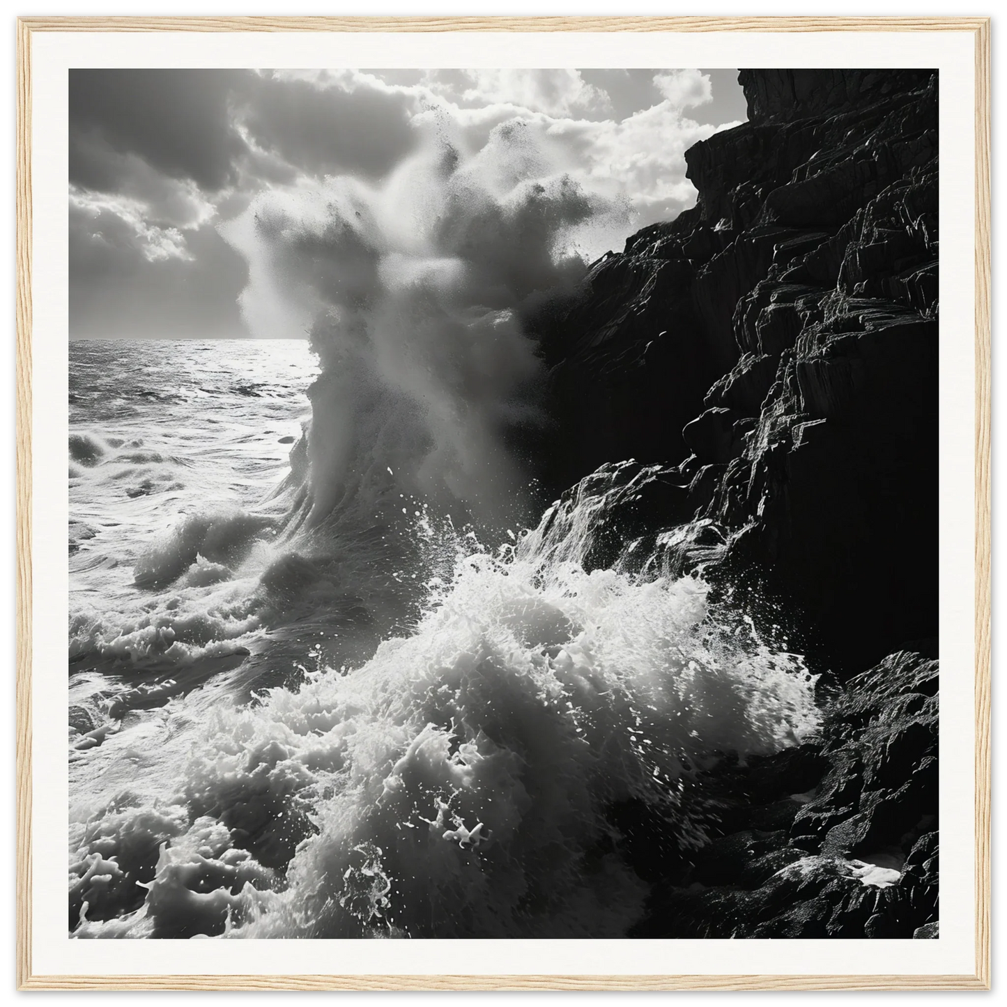 Powerful ocean wave crashing on cliffs in Dance Infernal Embrace special edition art™