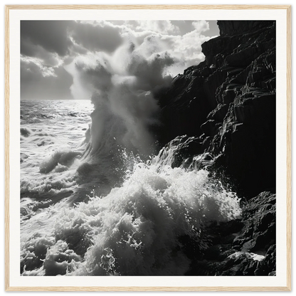 Powerful ocean wave crashing on cliffs in Dance Infernal Embrace special edition art™