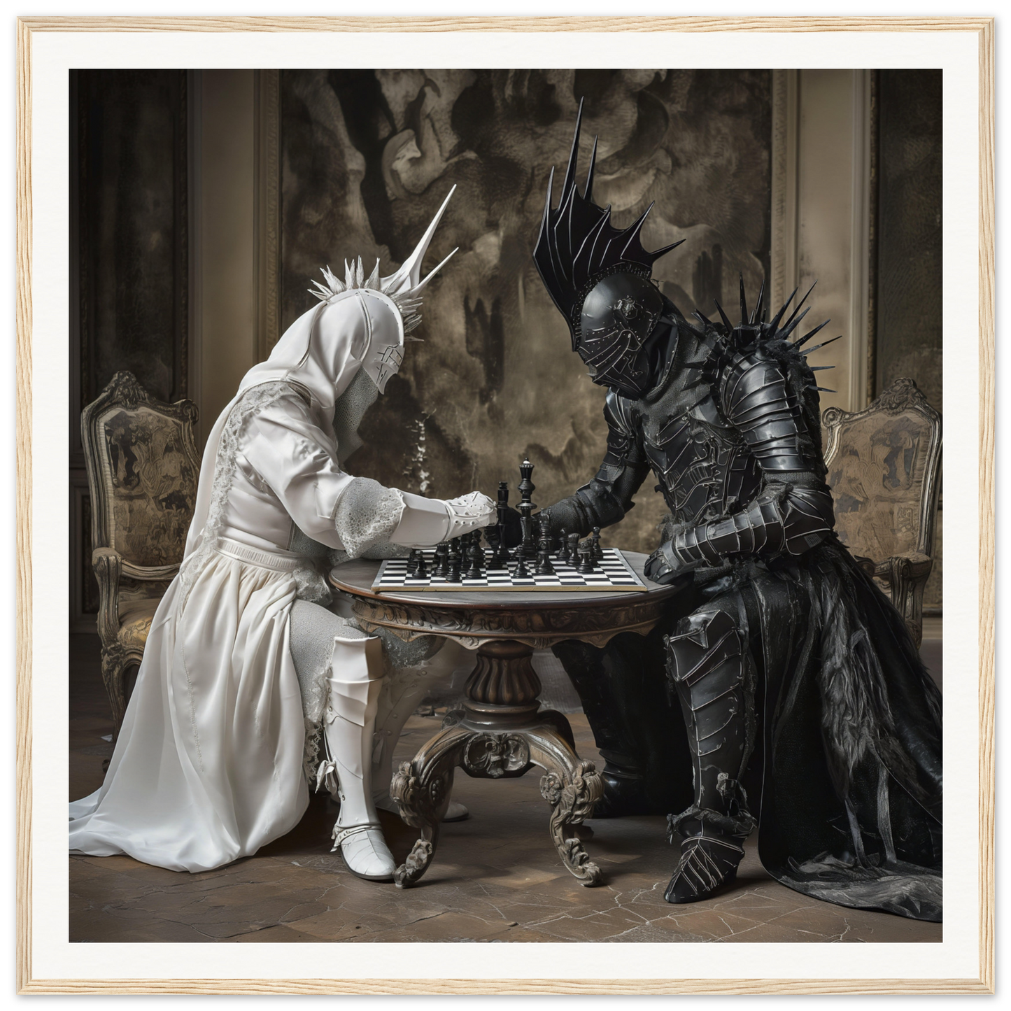 Two armored figures engage in an elegant chess duel at a beautiful table