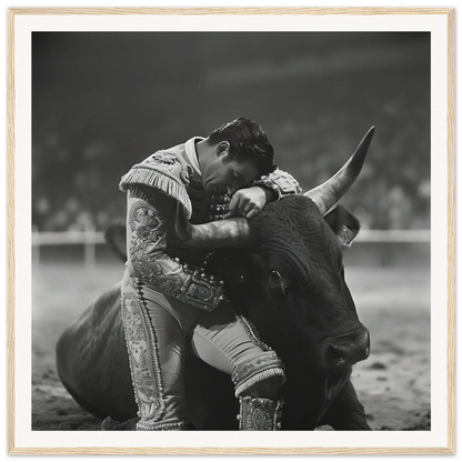 Matador in ornate suit grappling with a bull for Embrace of Epiphanies framed wall art