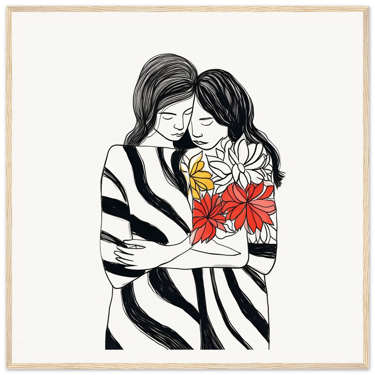 Line drawing of two people hugging with flowers in Embrace Florid Flicker art