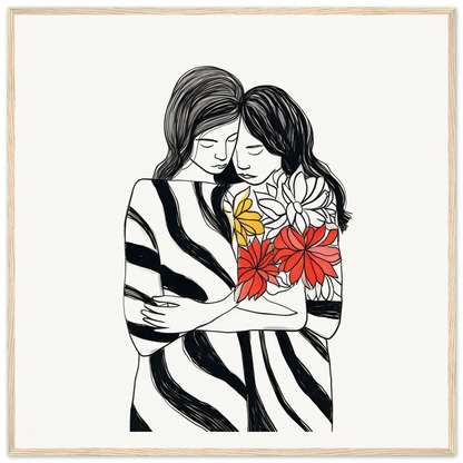 Line drawing of two people hugging with flowers in Embrace Florid Flicker art