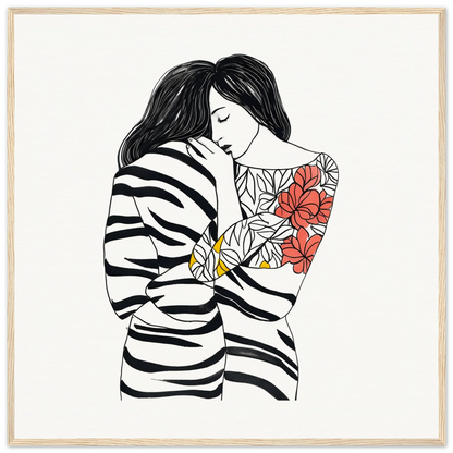 Line drawing of a woman and tiger in etched embrace harmony with red floral accents