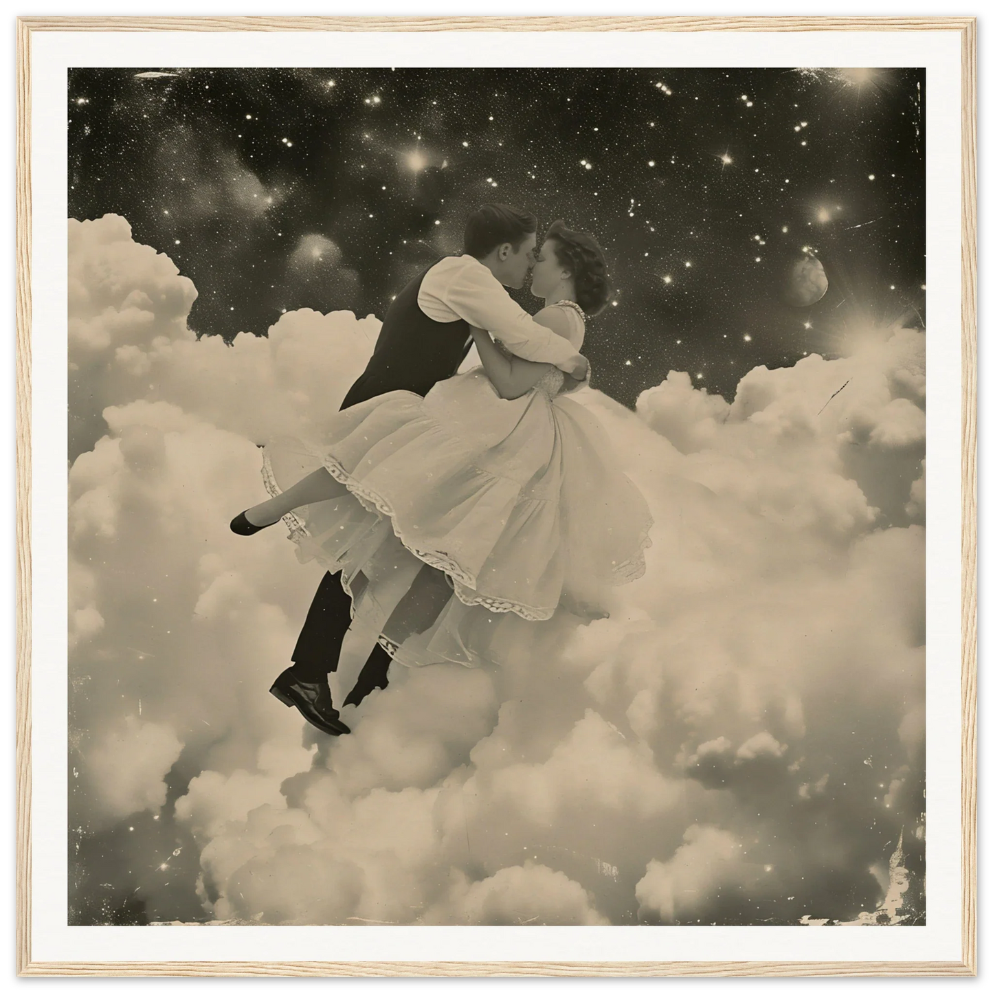 Couple dancing in vintage clothes among clouds in Eternal Cosmic Swoon artwork