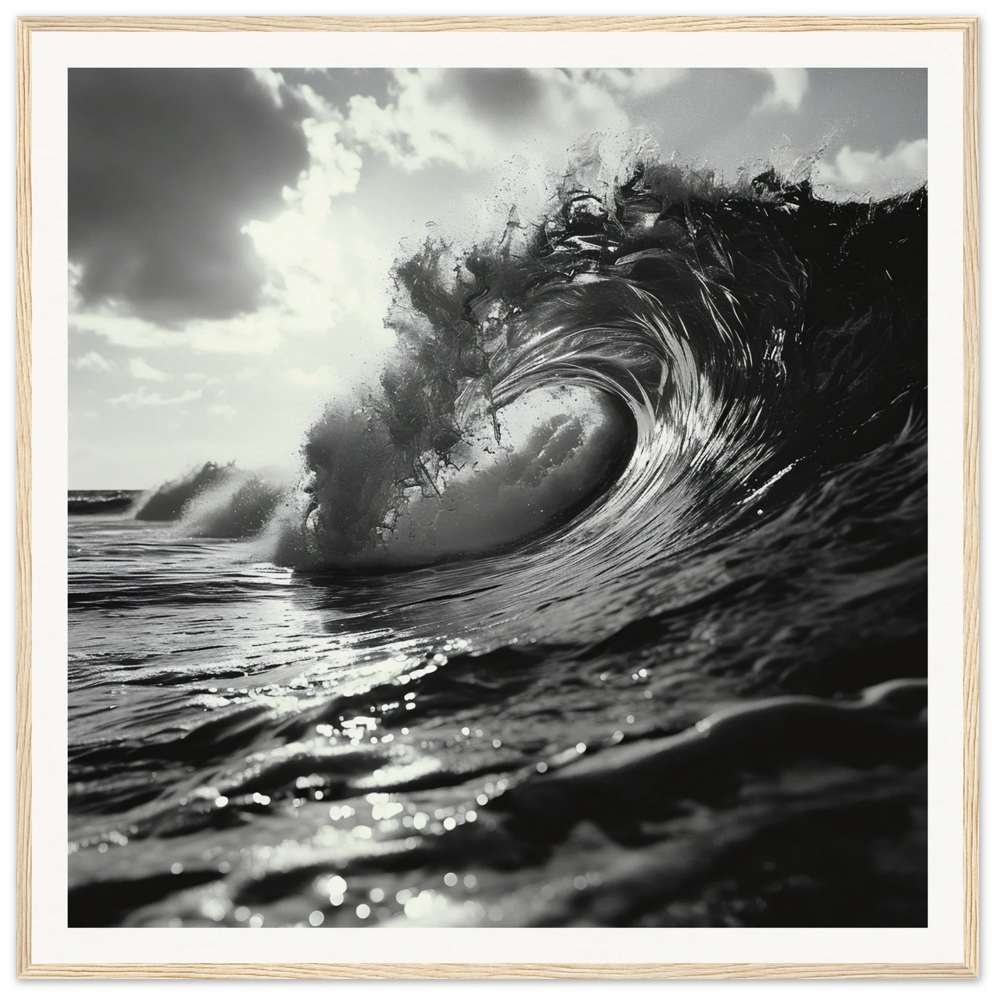 A stunning black and white curling ocean wave for Eternal Wave Symphony framed posters