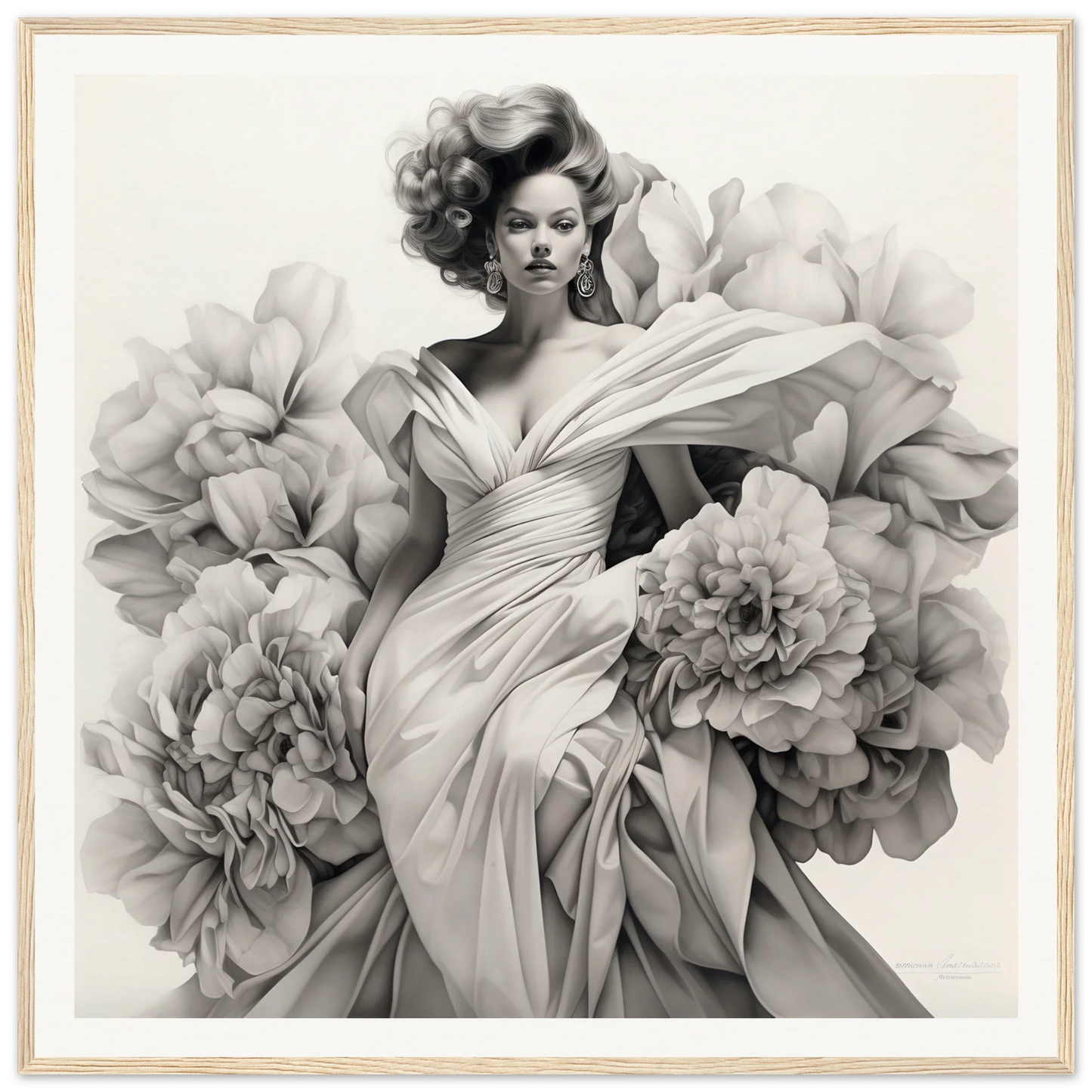 Black and white portrait of gown enveloped blossoms with flowing fabric and peonies