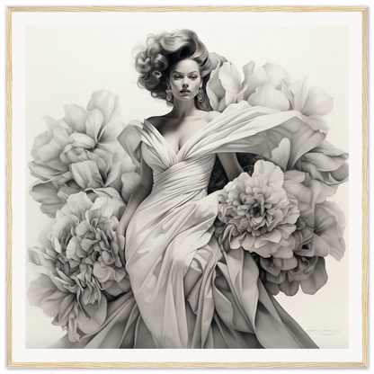 Black and white portrait of gown enveloped blossoms with flowing fabric and peonies