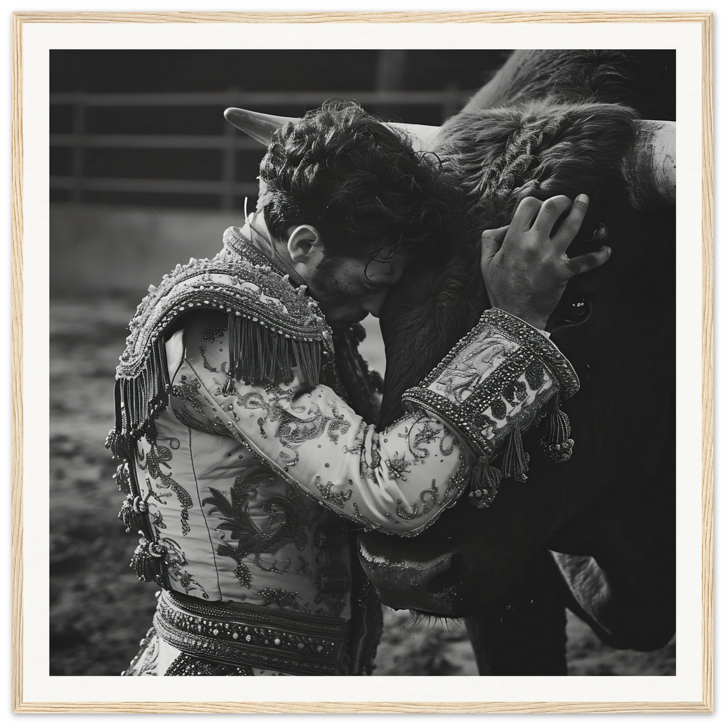 A matador in a stunning jacket embraces a bull, part of Graceful Reverie Duet