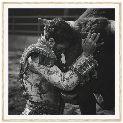 A matador in a stunning jacket embraces a bull, part of Graceful Reverie Duet