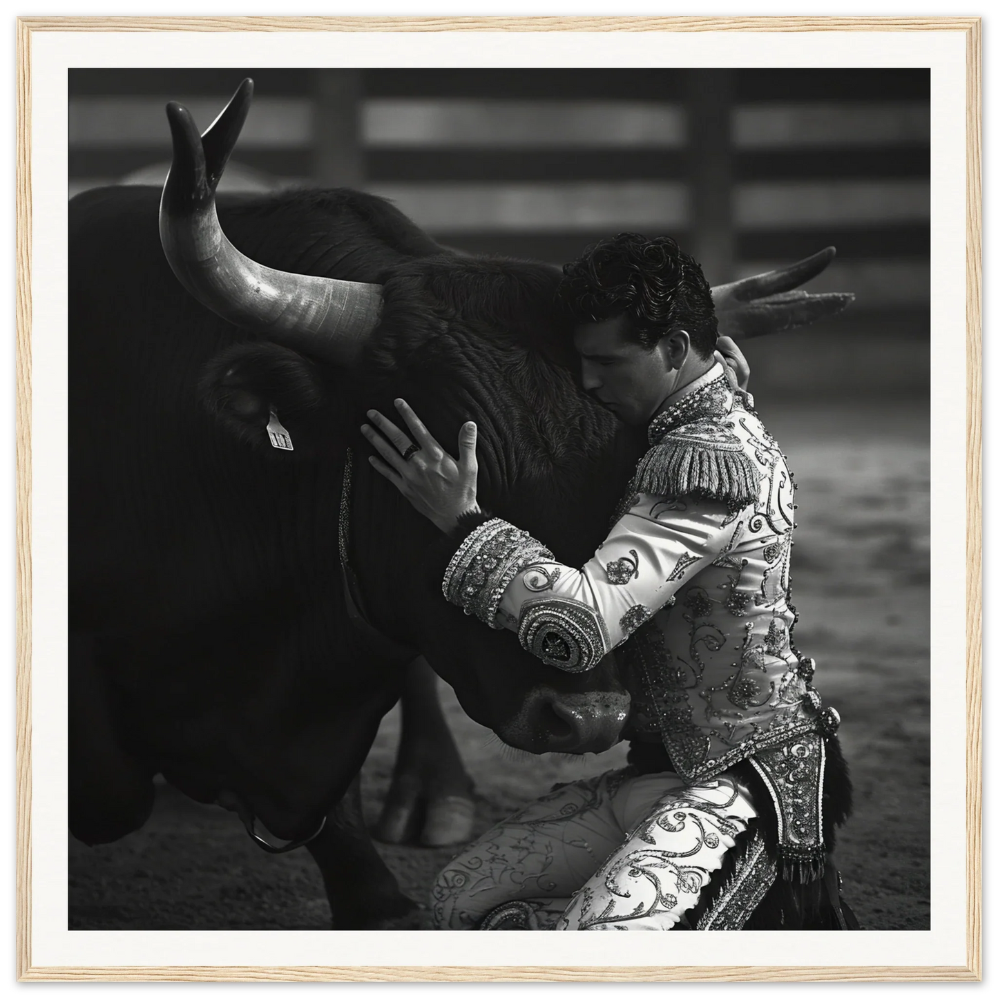 Matador in ornate suit grappling with bull for Harmonious Grief Dance framed art™