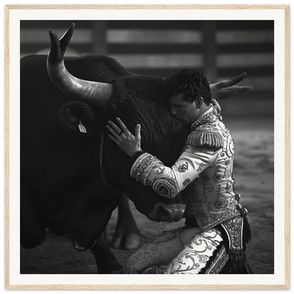 Matador in ornate suit grappling with bull for Harmonious Grief Dance framed art™