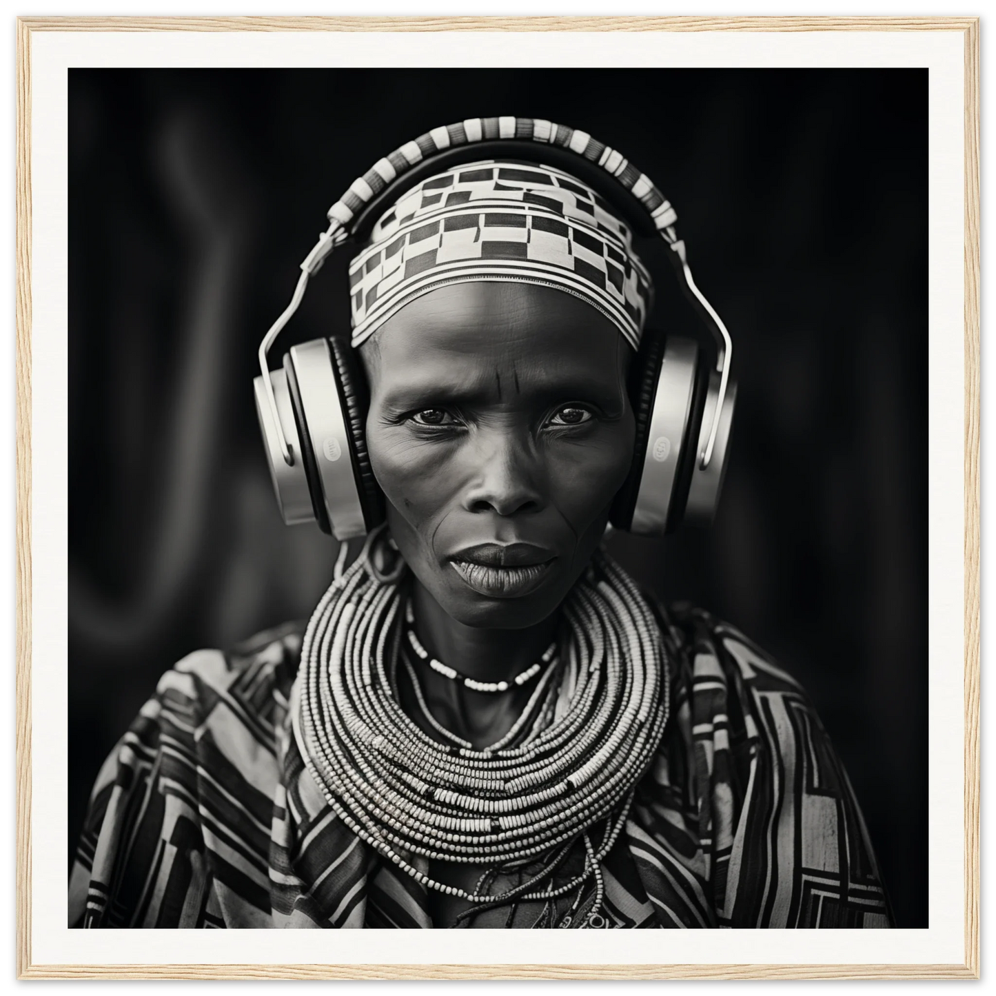 Striking black and white portrait blending tradition meets tech with jewelry and headphones