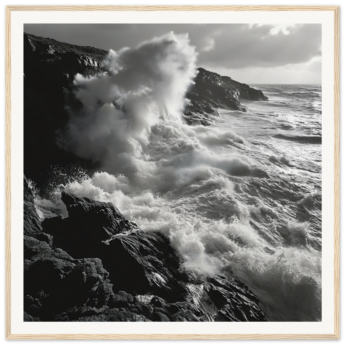 Powerful ocean waves crashing on a rocky coastline for an Infinite Nautical Poem room decoration