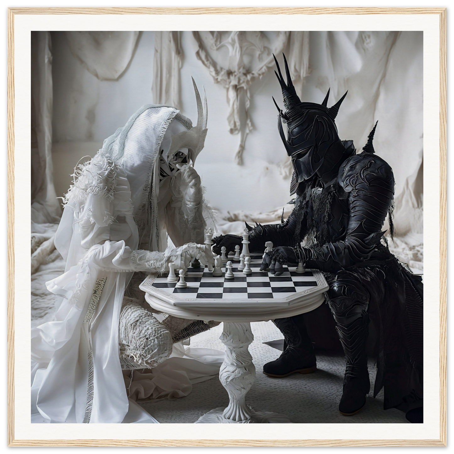 Two figures in white and black costumes play chess at a decorative table for Kindled Celestial Dance