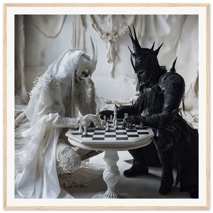 Two figures in white and black costumes play chess at a decorative table for Kindled Celestial Dance
