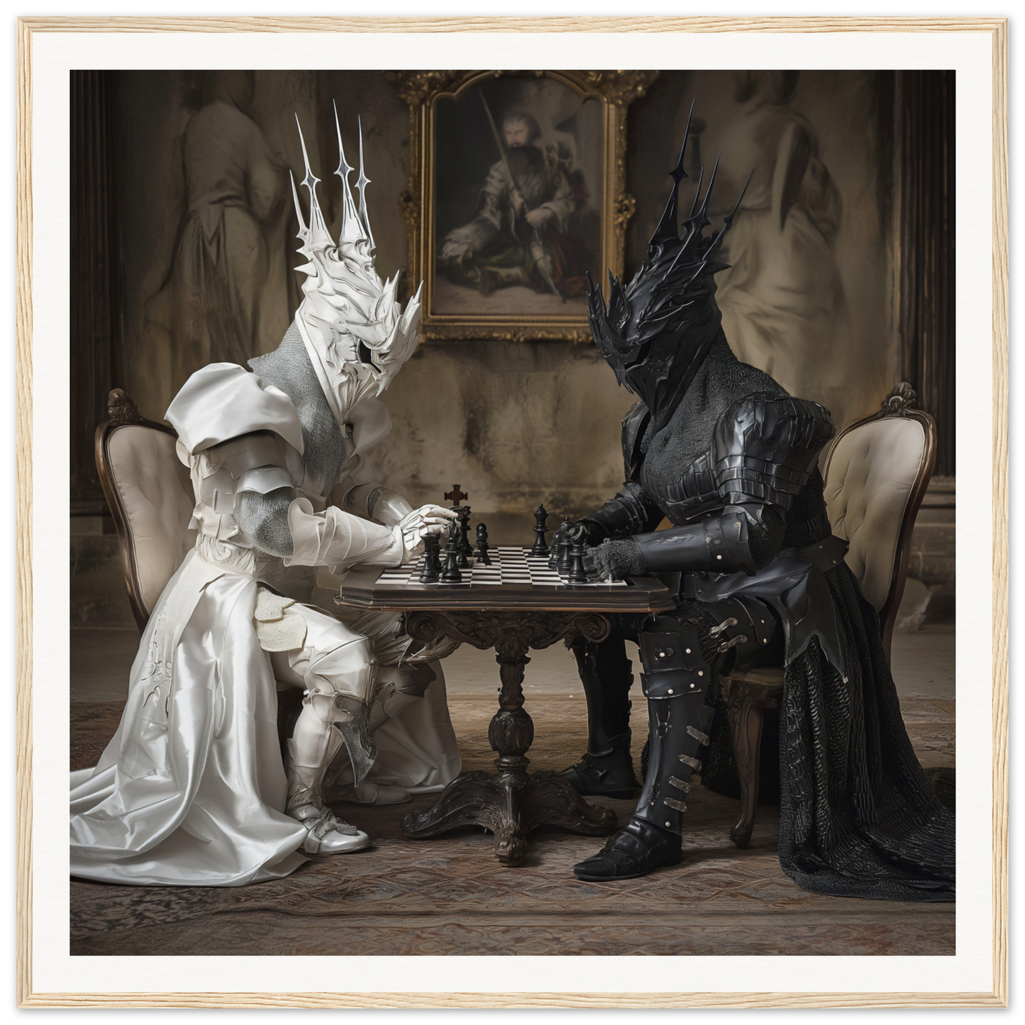 Two armored knights in black and white engrossed in chess for Knights’ Cerebral Ballet