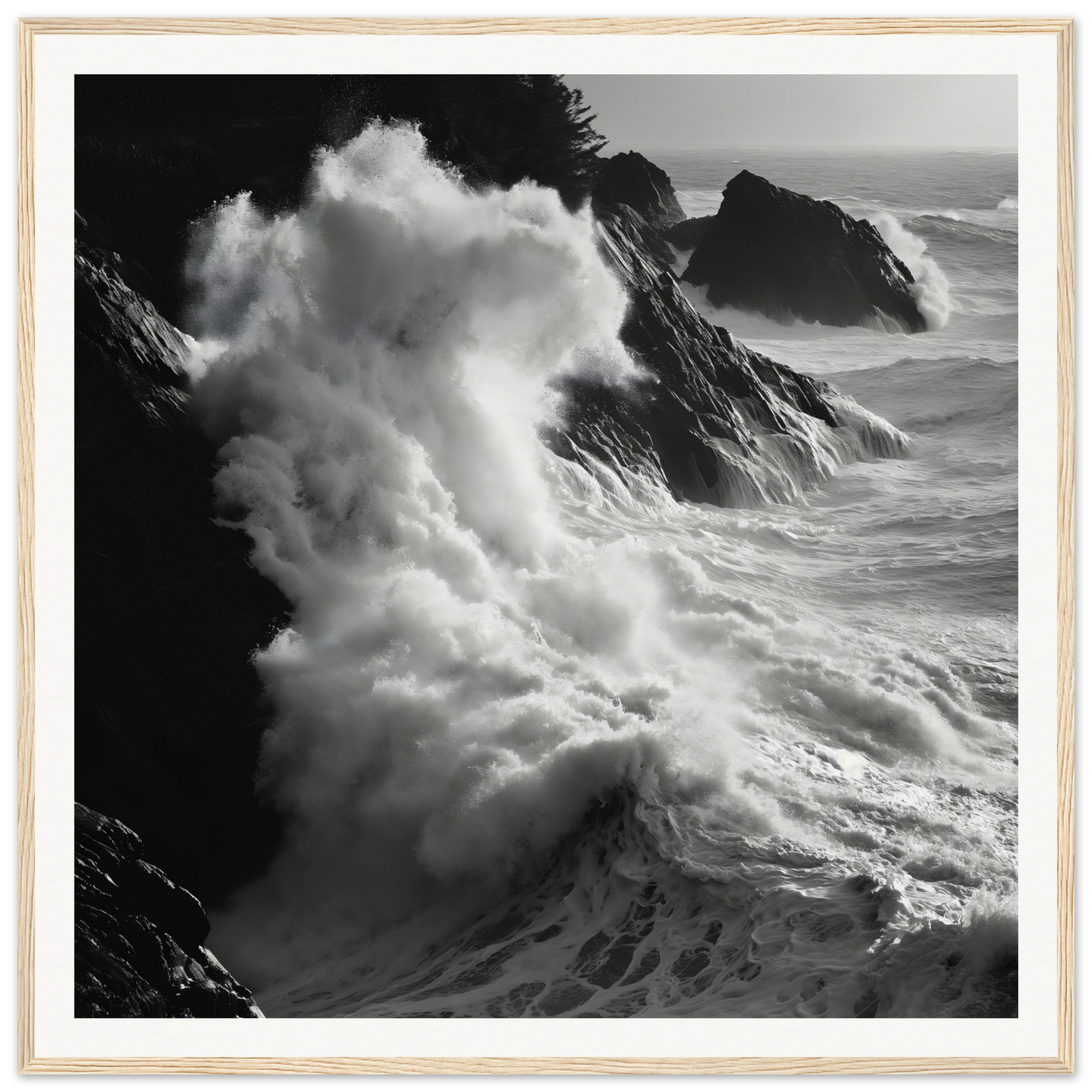 Dramatic white seascape framed poster of powerful ocean waves against rocky cliffs