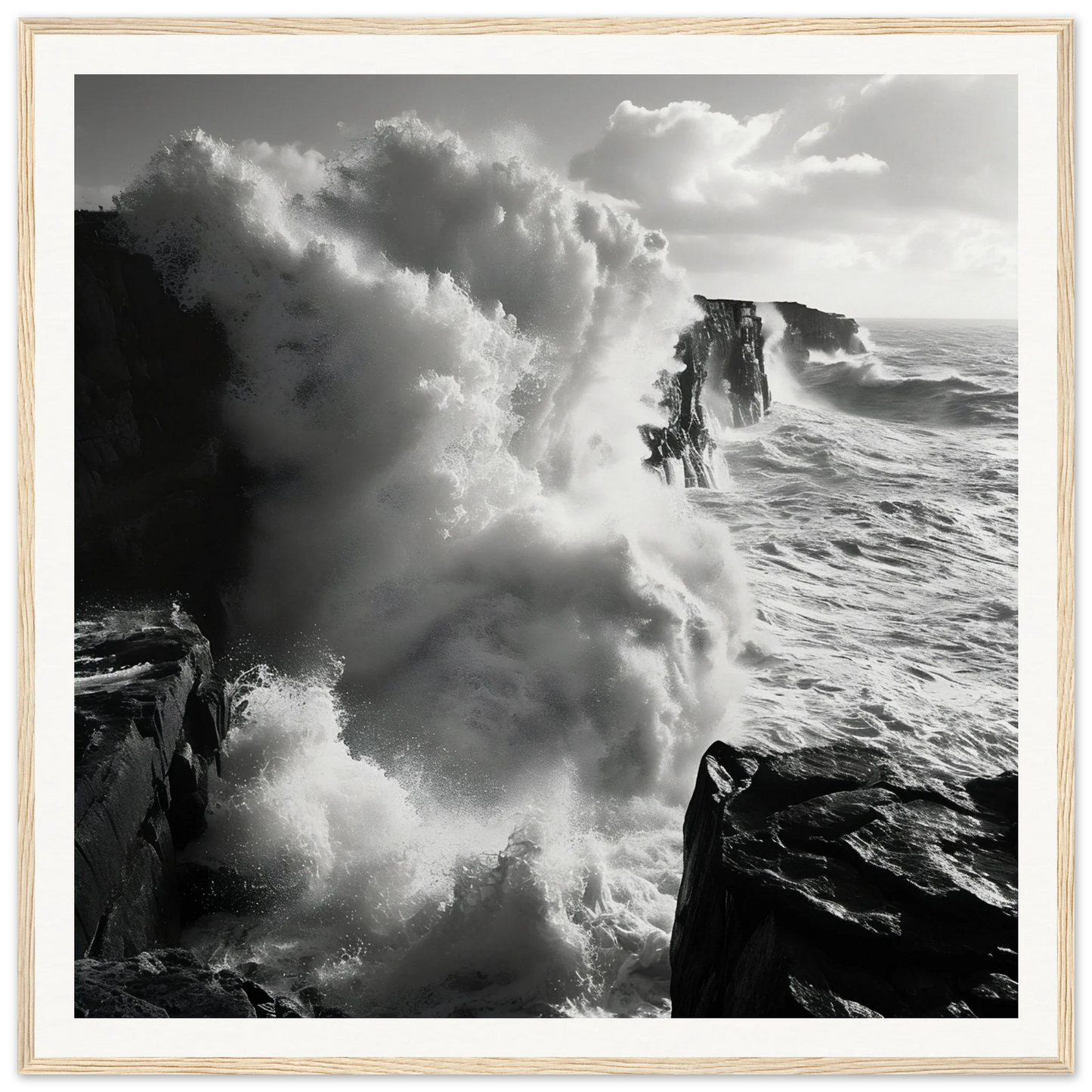 Powerful ocean waves crash on cliffs in Majestic Tempest Dance artwork