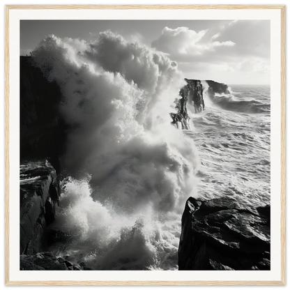 Powerful ocean waves crash on cliffs in Majestic Tempest Dance artwork