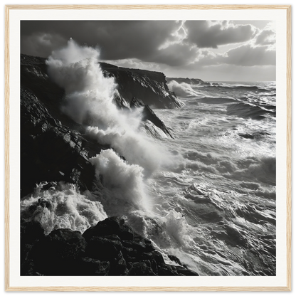 Powerful ocean waves crash on rocky cliffs in Mystic Tempest Waltz framed poster