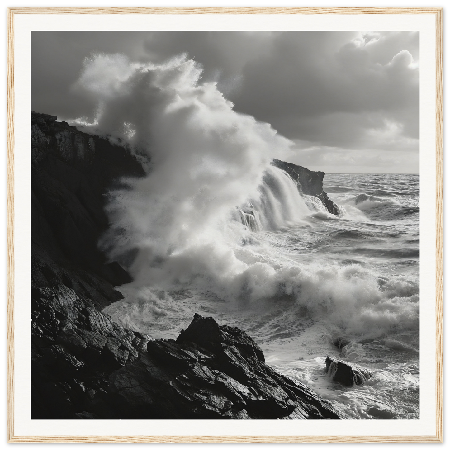 Powerful ocean waves crashing on rocky cliffs in Nature’s Whispered Conquest art™