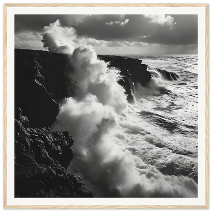 Dramatic ocean waves crashing on cliffs in Ocean’s Rhapsody Reflections art piece