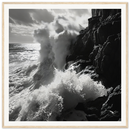 Powerful ocean waves crashing on cliffs in Ocean’s Unyielding Fury art print