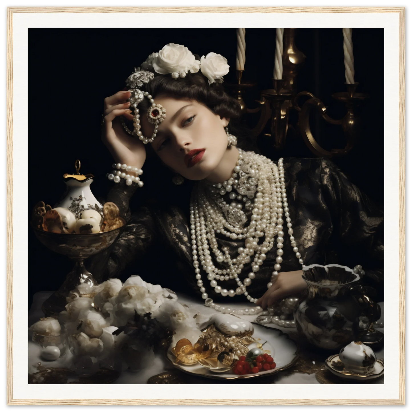 Dramatic portrait of cascading pearl necklaces and vintage tea settings from Opulence’s Quiet Soul