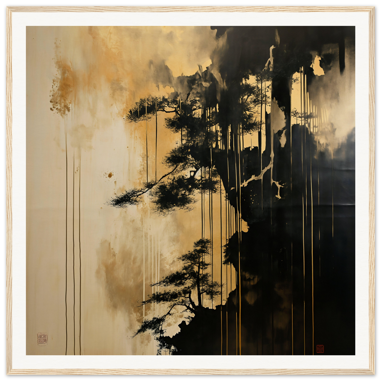 Silhouetted pine tree with dripping paint in Pine Fog Reverie special edition art™