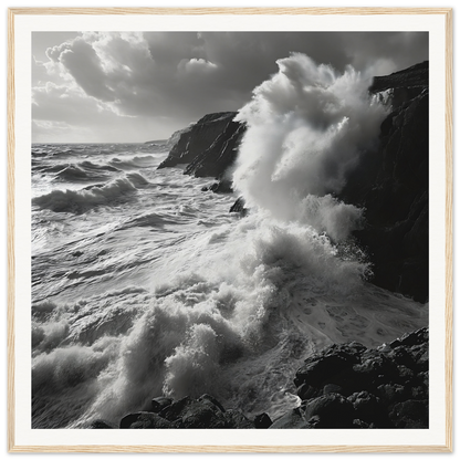 Powerful waves crashing on cliffs in Primal Ocean Symphony framed masterpiece