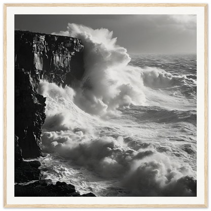 Powerful ocean waves crashing on cliffs in Relentless Ocean’s Ballet framed poster