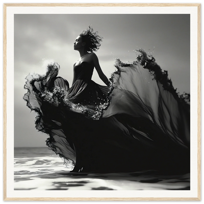 Silhouetted figure in flowing dress showcasing Sea Elegance Ascends art piece