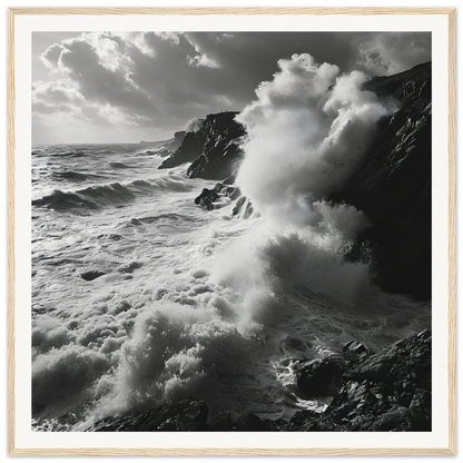 Powerful ocean waves crash against rocky cliffs in Sea’s Relentless Requiem art™