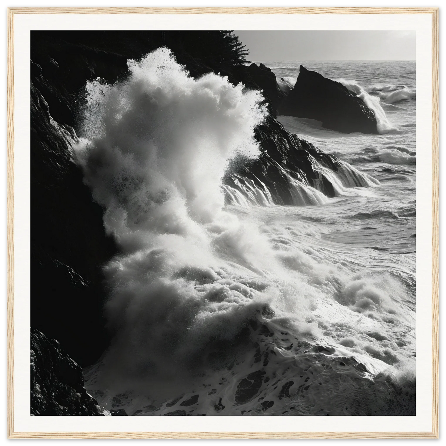 Powerful ocean waves crashing on coastal cliffs in Seas Slaps Struzgwžues framed art