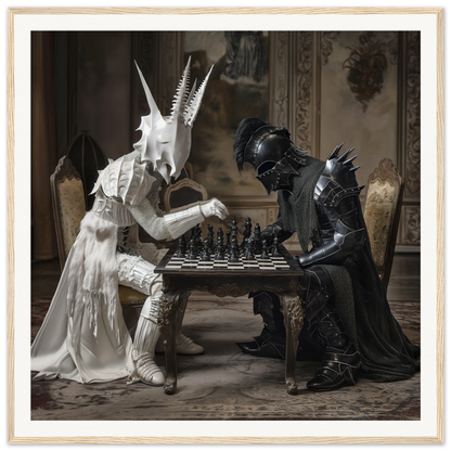 Two armored fantasy figures engaged in a Serpentine Strategists Duel chess match