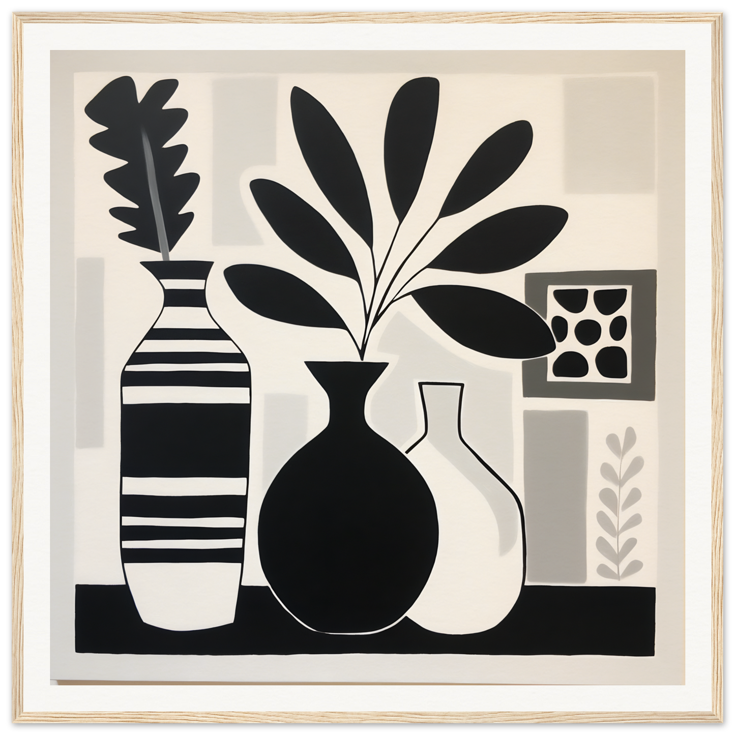 Three minimalist black and white vases with plants from Stillness Serenade Meditations