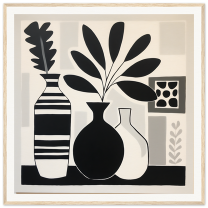Three minimalist black and white vases with plants from Stillness Serenade Meditations