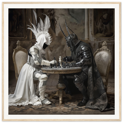 Two armored figures playing chess at a round table in Strategic Enigma Echoes art™