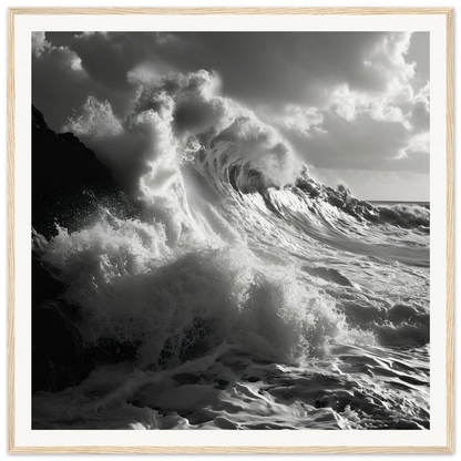 Ocean wave crashing on dark rocks, featured in Sublime Crest Odyssey framed wall art