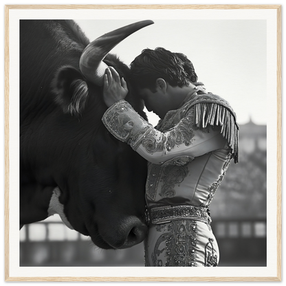 Matador in ornate suit embraces bull’s head, capturing Sul T Toreador’s Reverie moment