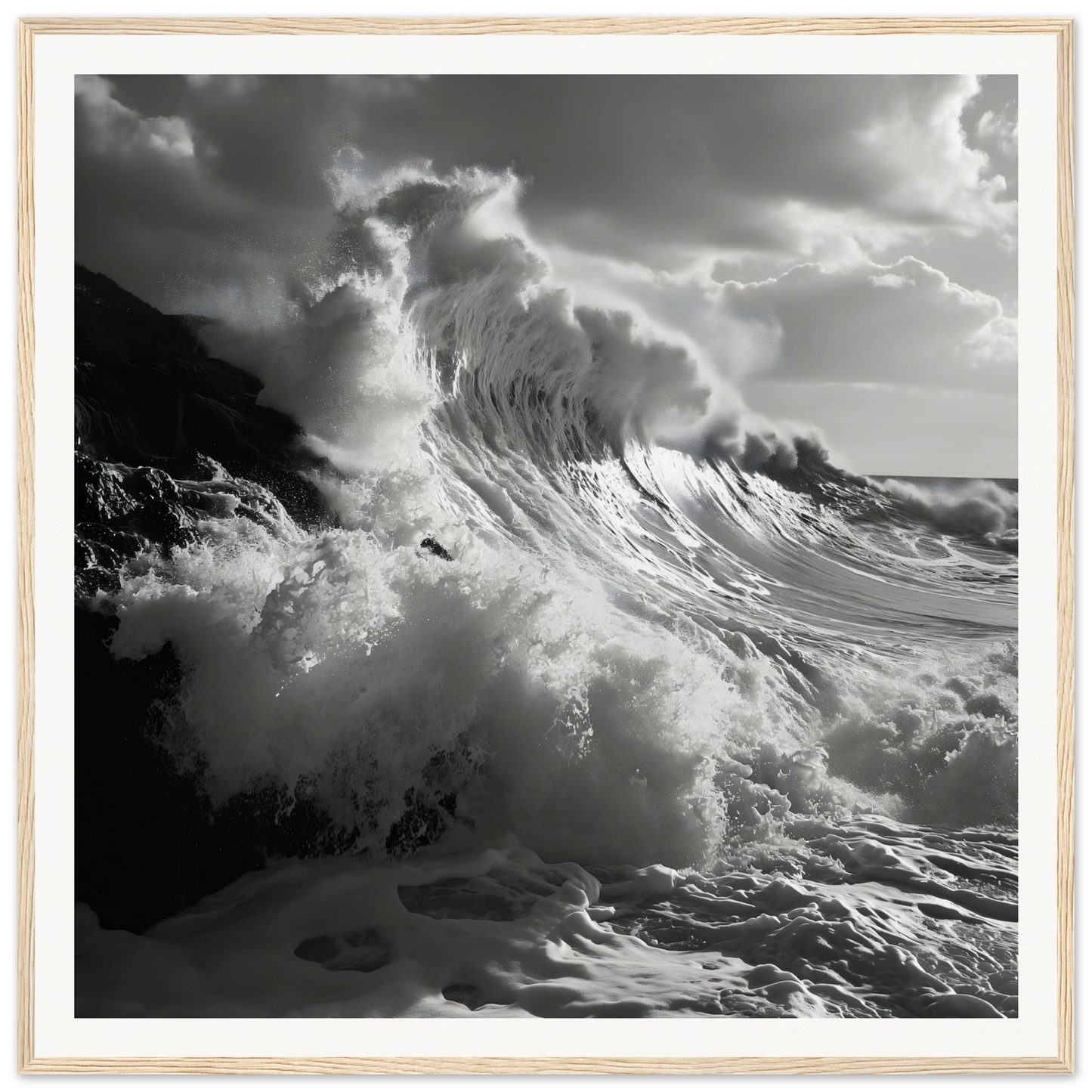 Dramatic ocean wave crashing on cliffs in Tempestuous Dance Tribute framed poster