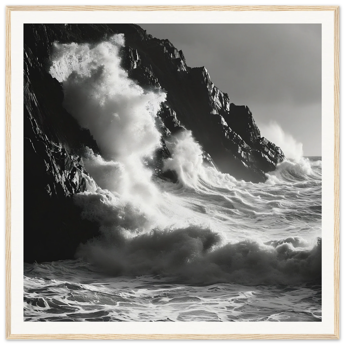 Powerful ocean waves crashing on cliffs in Tidal Unfurl Dance framed wall art