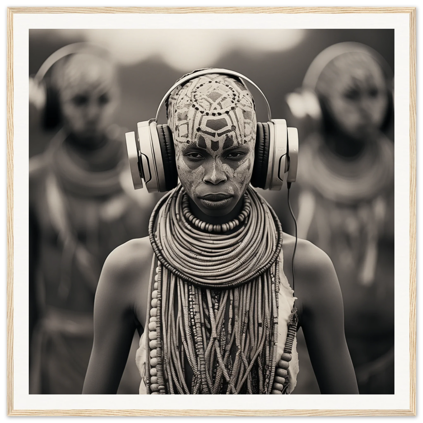 Tribal member in traditional gear and headphones for Tribal Signal Symphony art