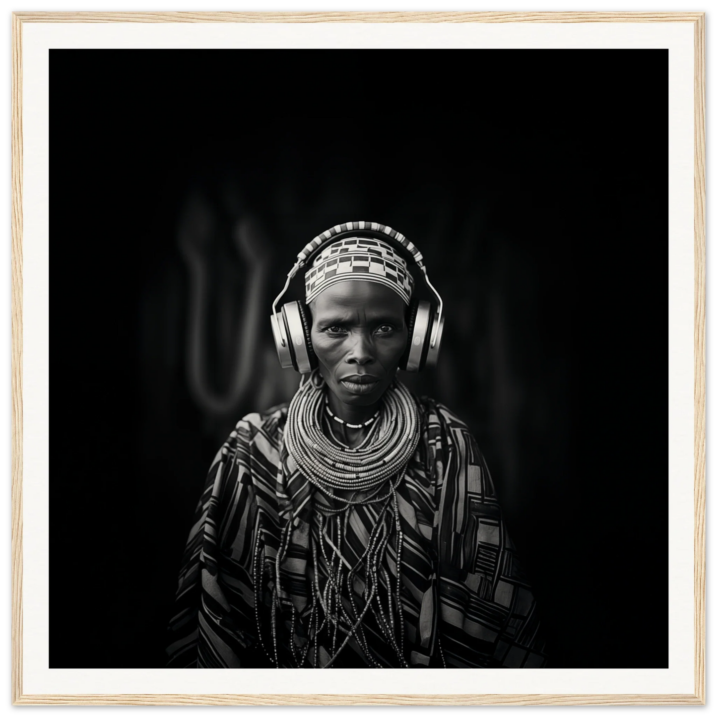 Striking black and white portrait of a person in Tribal Why-Fi jewelry and headphones