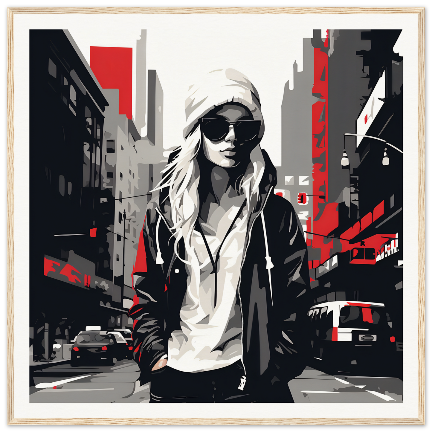 Stylized black, white, and red art of a cool figure for Urban Spirit Redux framed posters