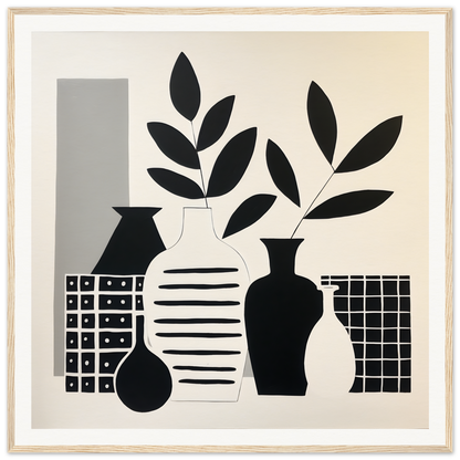 Black and white still life of Vase Symphony Zen with leaves and geometric patterns