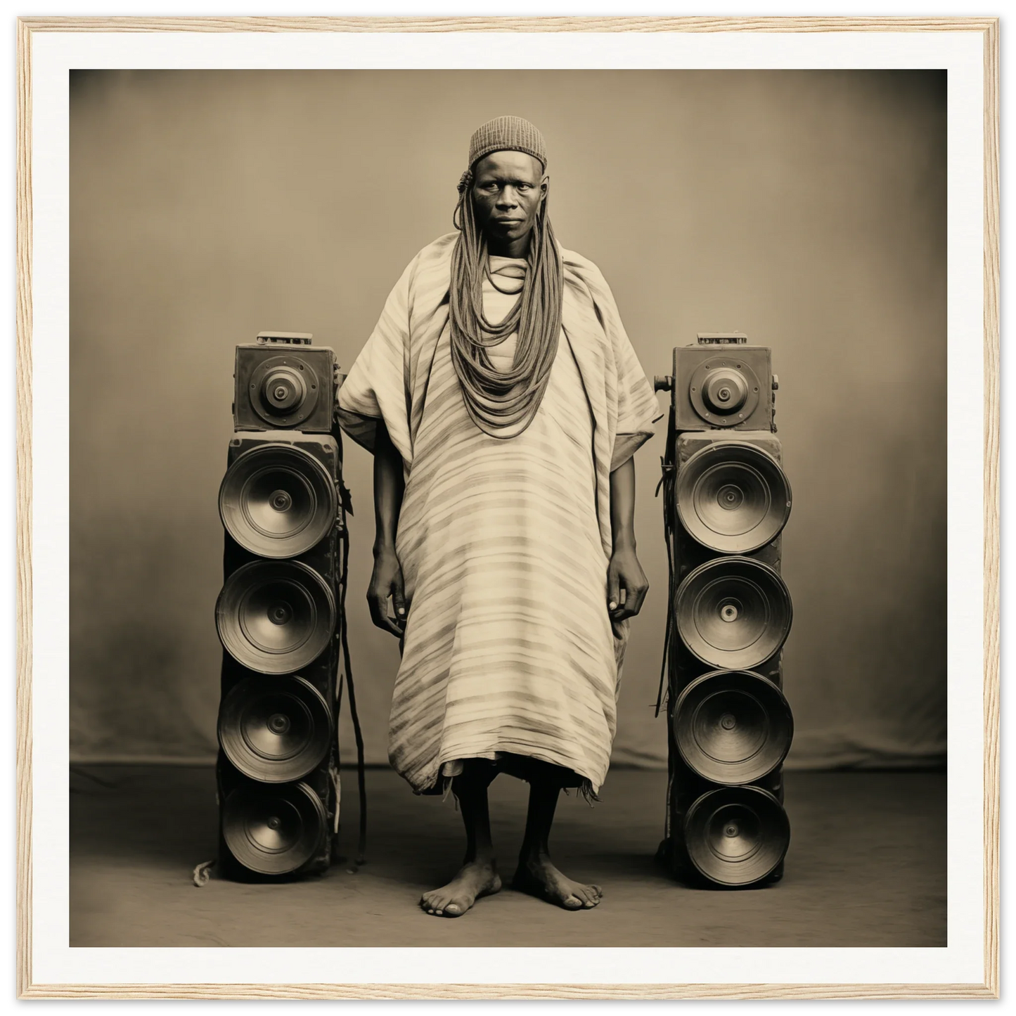 Person in traditional African robes stands by speakers in Voices Amid Pixels art piece