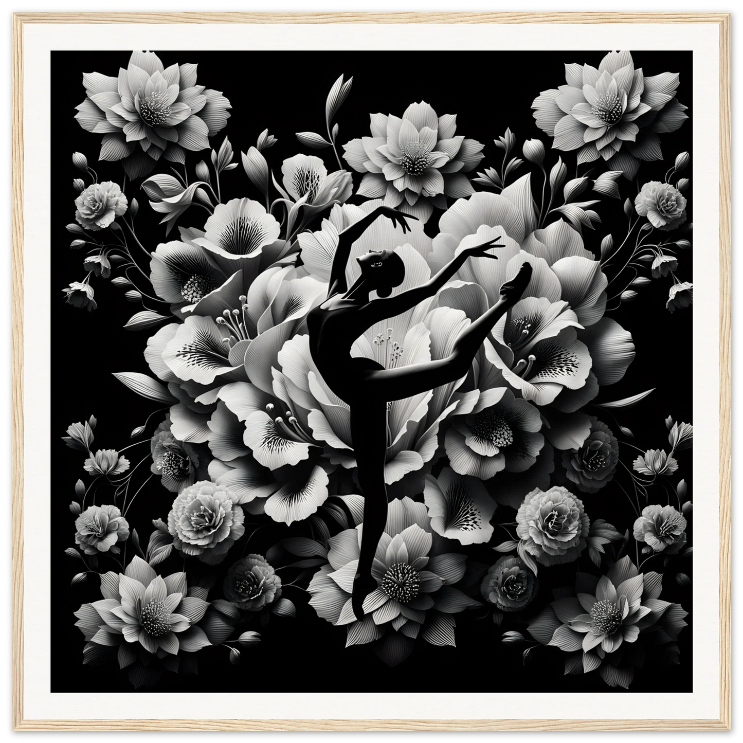 Silhouette of a ballet dancer in arabesque with flowers for Waltzing Bloom Synthesis framed poster