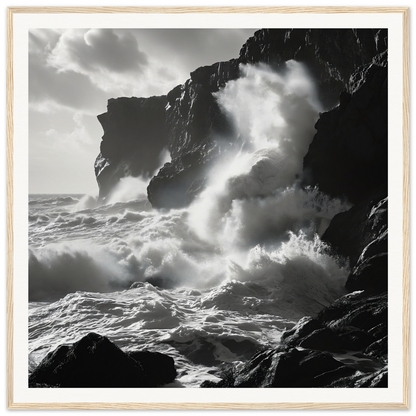 Dramatic black and white ocean waves crashing on cliffs in Waves Wild Gambit framed wall art