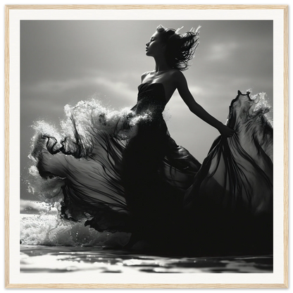 Silhouetted figure in a black dress dancing, showcasing Wavewoven Elegance Manifestation